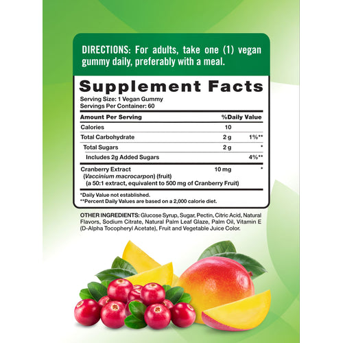 Image of NT Cranberry Gummies Supplement Facts panel, displaying nutritional information for a 60-gummy bottle.