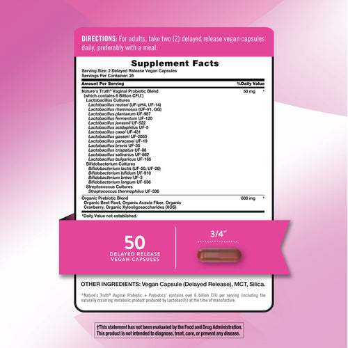 NT Vaginal Probiotic, 50 vegan capsules with delayed release, contains 3/4 inch capsule.