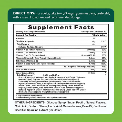 Detailed view of the Supplement Facts panel for NT Super Greens 60 Gummies, highlighting nutritional information and ingredients.