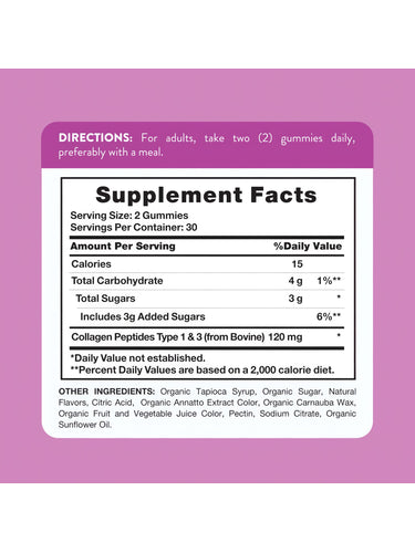Supplement Facts panel for NT Collagen Types 1 and 3, 60 Gummies, shown in a hand for scale.
