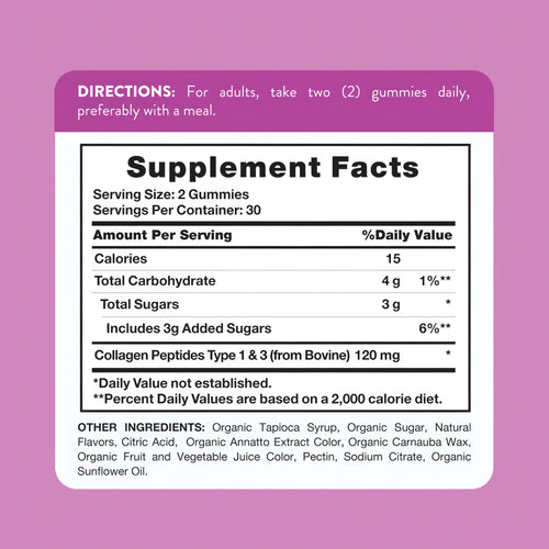 Supplement Facts panel for NT Collagen Types 1 and 3, 60 Gummies, shown in a hand for scale.