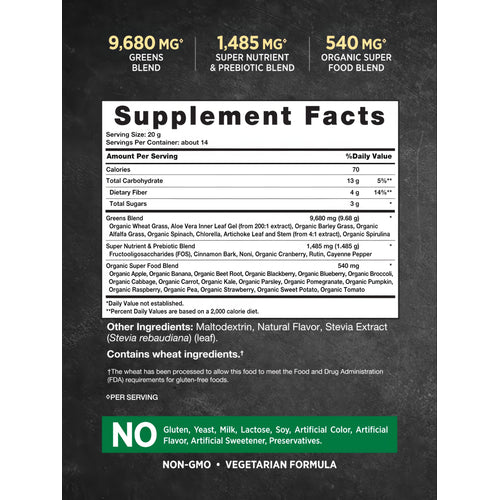 Label details of NT Greens Powder 9.88 oz on a panel, outlining supplement facts and nutritional information.