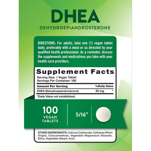 A white, round, vegan DHEA tablet measures 5/16 inches in diameter on a hand scale.