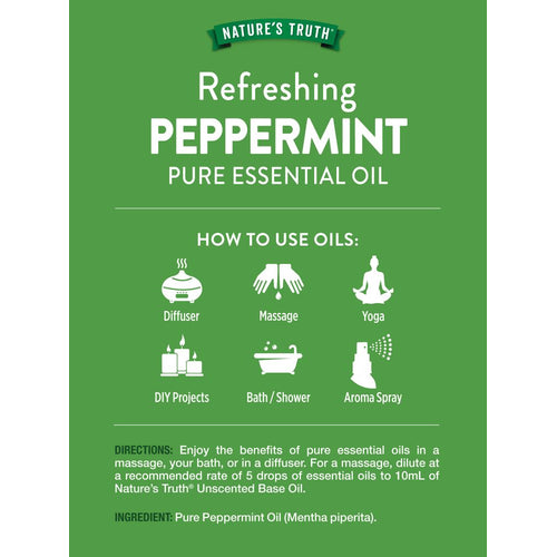 Infographic for Nature's Truth Refreshing Peppermint Pure Essential Oil, detailing uses, directions, and ingredients.