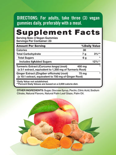 Turmeric and Ginger Gummies | 70 Count | Peach Flavor | Vegan, Non-GMO & Gluten Free Supplement