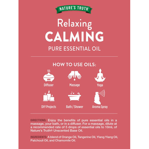 Infographic for Nature's Truth Calming Essential Oil, detailing methods, dilution, and ingredients.