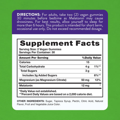 Supplement Facts for Melatonin 12mg plus Magnesium, 60 Gummies, shown on a hand scale.