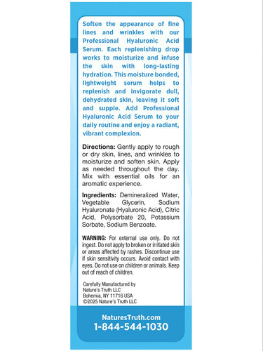 Label for Professional Hyaluronic Acid Serum, including product description, directions, ingredients, warnings, and company details.