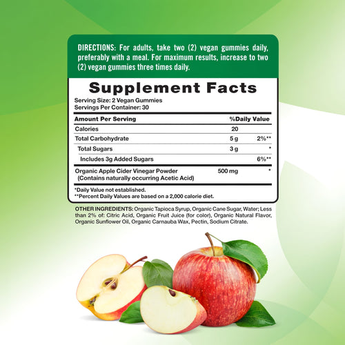 Supplement Facts panel for Organic Apple Cider Vinegar 60 Gummies bottle.