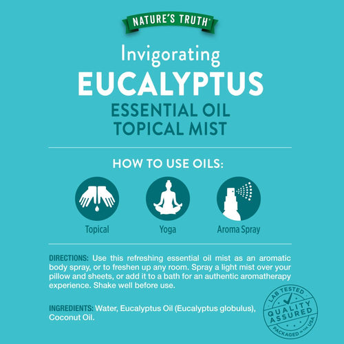 Invigorating Eucalyptus Essential Oil Topical Mist. Use for topical, yoga, aroma spray. Ingredients: Water, Eucalyptus Oil, Coconut Oil.