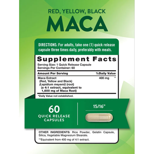 A Maca Quick Release capsule is measured at 15/16 inches, showing near one-inch size for precise supplementation.