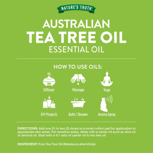 Australian Tea Tree Oil Essential Oil shown for Diffuser, Massage, Yoga, DIY Projects, Bath/Shower, Aroma Spray uses.