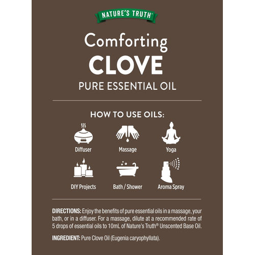Nature's Truth Comforting Clove Pure Essential Oil graphic showing uses: diffuser, massage, yoga, DIY projects, bath, aroma spray.