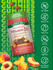 Round, reddish-brown Vitamin D3 gummies with the bottle and sliced peaches shown beside them.