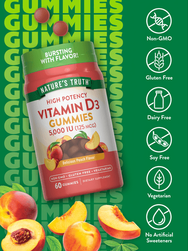 Round, reddish-brown Vitamin D3 gummies with the bottle and sliced peaches shown beside them.