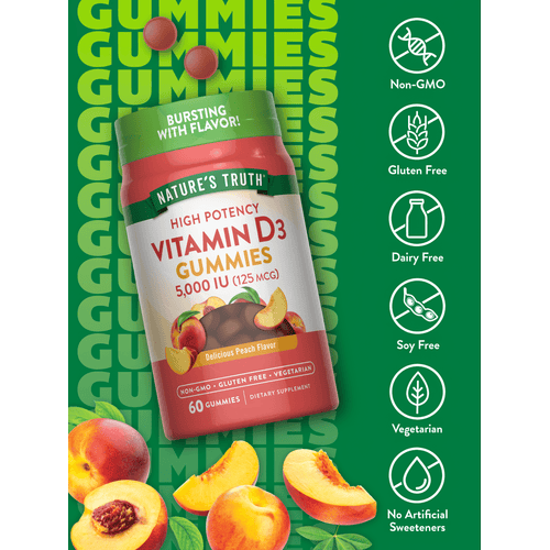 Round, reddish-brown Vitamin D3 gummies with the bottle and sliced peaches shown beside them.