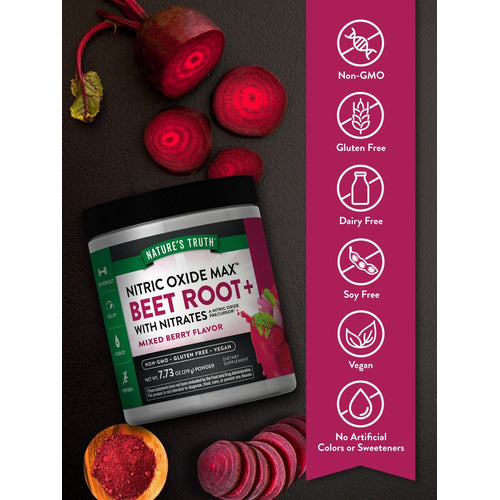 Nitric Oxide Max Beet Root powder jar, Mixed Berry flavor, 7.73 oz (219 g), with whole and sliced beets and a spoon of powder.