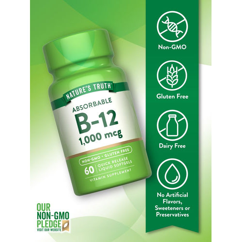 B-12 1,000 mcg bottle with 60 Quick Release Liquid Softgels is displayed on a hand scale.