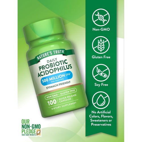Probiotic bottle: Non-GMO, Gluten Free, Soy Free, no artificial colors, flavors, sweeteners, or preservatives.