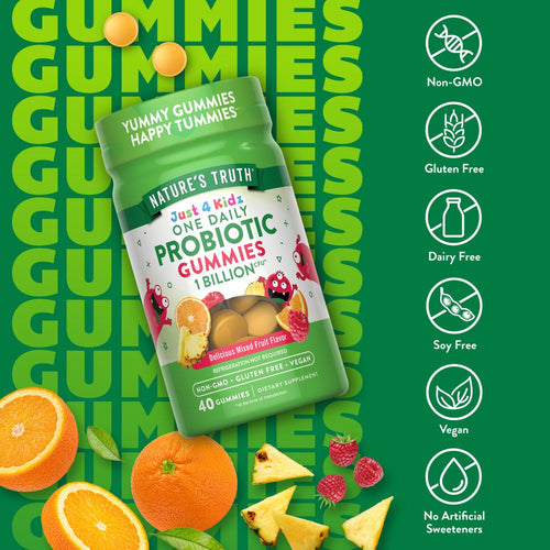 Probiotic gummies in yellow and orange fruit flavors, shown with oranges, pineapples, and raspberries.