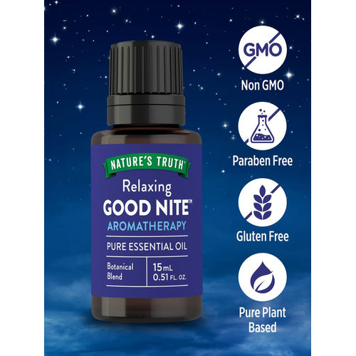 Good Nite Oil bottle: Non GMO, paraben free, gluten free, and made from pure plant-based ingredients.