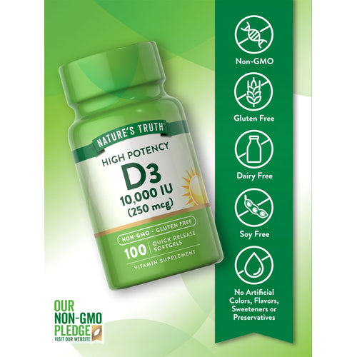 Bottle of Vitamin D3 10,000 IU (250 mcg) containing 100 quick release softgels, displayed with a hand for scale.