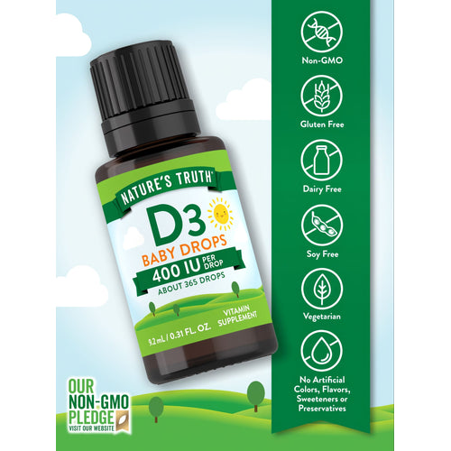 D3 Baby Drops bottle: Non-GMO, Gluten Free, Dairy Free, Soy Free, Vegetarian, No Artificial Colors/Flavors/Sweeteners/Preservatives