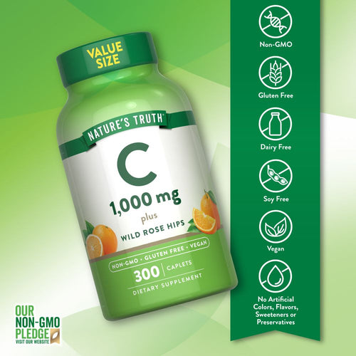 Vitamin C bottle: Non-GMO, Gluten Free, Dairy Free, Soy Free, Vegan, No Artificial Colors, Flavors, Sweeteners, or Preservatives.