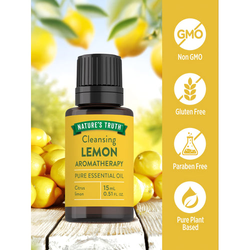 Nature's Truth Cleansing Lemon Aromatherapy Pure Essential Oil bottle, 15 mL (0.51 FL. OZ.) shown on hand scale.