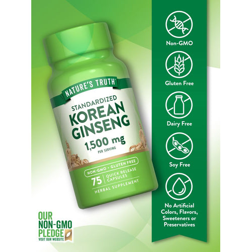 Korean Ginseng bottle: Non-GMO, Gluten Free, Dairy Free, Soy Free, No Artificial Colors, Flavors, Sweeteners, Preservatives.