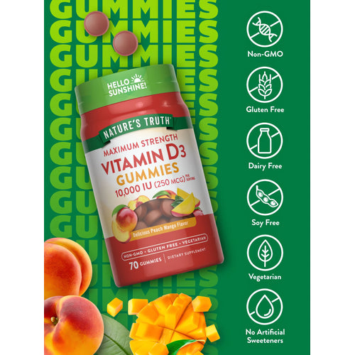 Vitamin D3 10,000 IU (250 MCG) Peach Mango flavored gummies in a bottle with two gummies shown separately.