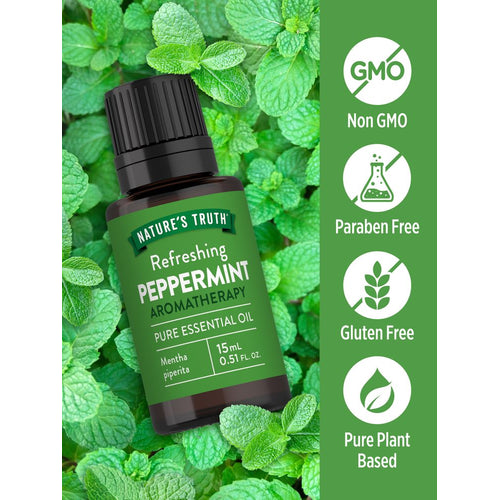 Bottle of Peppermint Oil labeled as Non GMO, Paraben Free, Gluten Free, and Pure Plant Based.
