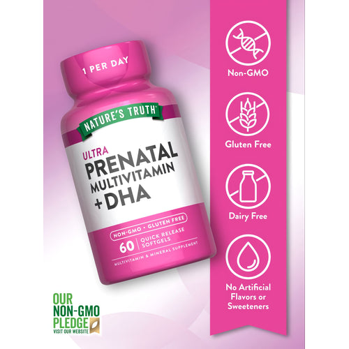 Nature's Truth Ultra Prenatal Multivitamin + DHA, 60 Quick Release Softgels, shown on a hand for scale.