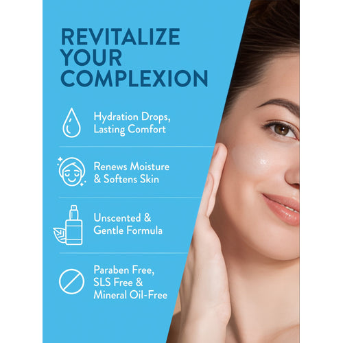 Product highlights graphic stating Hydration Drops, Lasting Comfort, Renews Moisture & Softens Skin, Unscented & Gentle, Paraben/SLS/Mineral Oil-Free