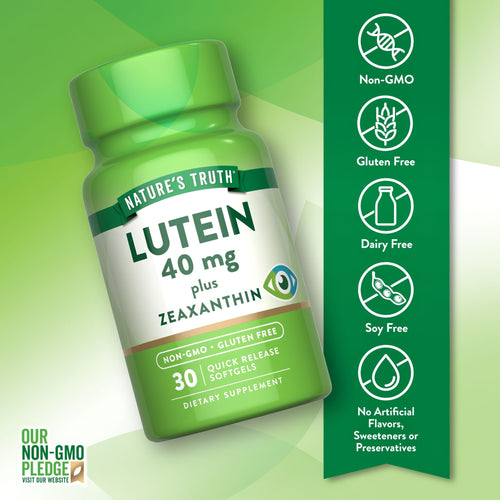 A hand holding a bottle of Lutein 40 mg plus Zeaxanthin 30 mg Quick Release Softgels, showcasing product size and packaging.