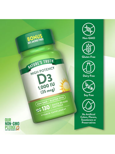 Vitamin D3 1,000 IU (25 mcg) in quick release softgels, available in a bulk size of 130 count for easy daily supplementation.