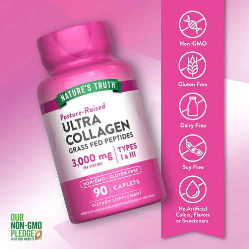 Ultra Collagen bottle: Non-GMO, Gluten Free, Dairy Free, Soy Free, free from artificial colors, flavors, and sweeteners.