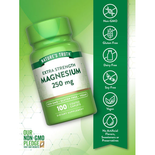 Bottle of Magnesium 250 mg with 100 coated caplets.