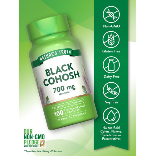Black Cohosh bottle: Non-GMO, Gluten Free, Dairy Free, Soy Free, No Artificial Colors, Flavors, Sweeteners, or Preservatives.