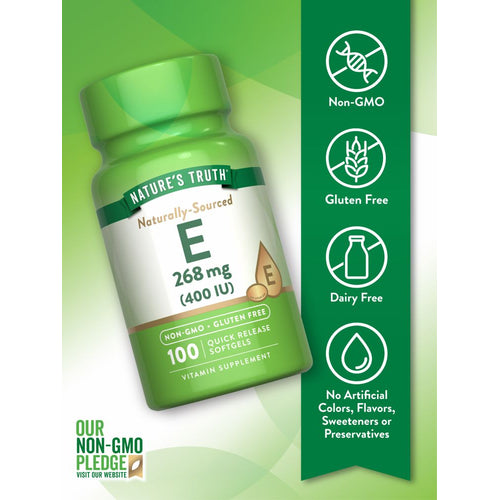 Bottle of 268 mg (400 IU) Quick Release Softgels shown on a hand, highlighting size on a bulk scale.