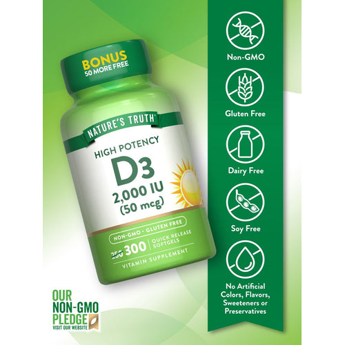 High Potency D3 supplement with 2,000 IU (50 mcg) featuring 300 quick release softgels in a bulk container for easy storage.