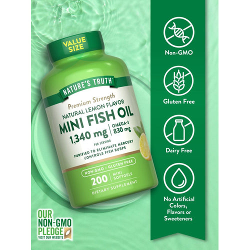 A hand holding a bottle of Mini Fish Oil 1,340 mg (830 mg Omega-3) with 200 mini softgels, labeled as a Value Size.