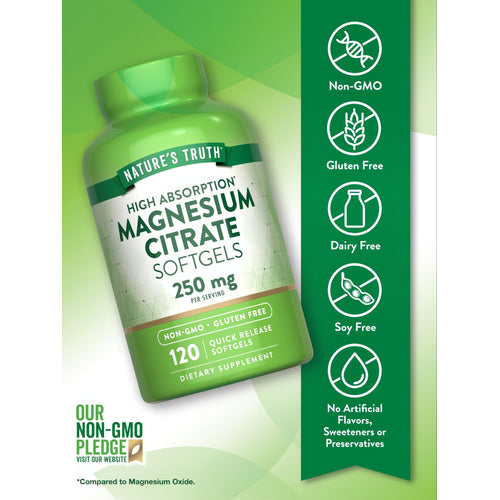 Hand holding Magnesium Citrate 250 mg Quick Release Softgels, 120 count bottle on a scale.