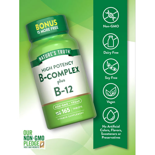 Nature's Truth High Potency B-Complex plus B-12 Vitamin Supplement with 165 tablets.
