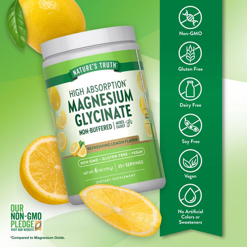 Nature's Truth High Absorption Magnesium Glycinate powder in lemon flavor, net weight 6 oz (170 g), shown on a hand scale.
