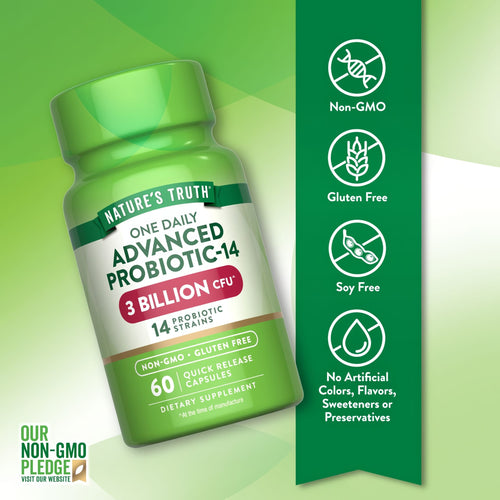 Nature's Truth Advanced Probiotic-14 with 3 Billion CFU, featuring 60 quick release capsules, displayed on a hand scale.
