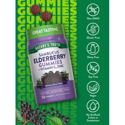Nature's Truth Sambucus Elderberry Gummies in a 50 count bottle on a hand scale for size reference.