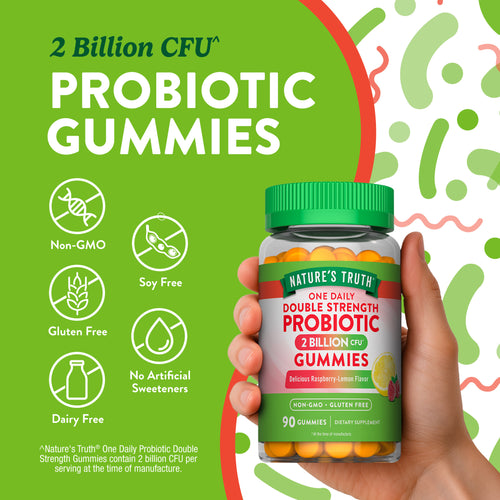 Probiotic bottle labeled as Non-GMO, Soy Free, Gluten Free, Dairy Free, with no artificial sweeteners.