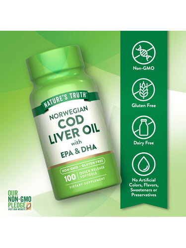 Norwegian Cod Liver Oil in a bottle of 100 quick release softgels, displayed on a hand scale for bulk measurement visualization.