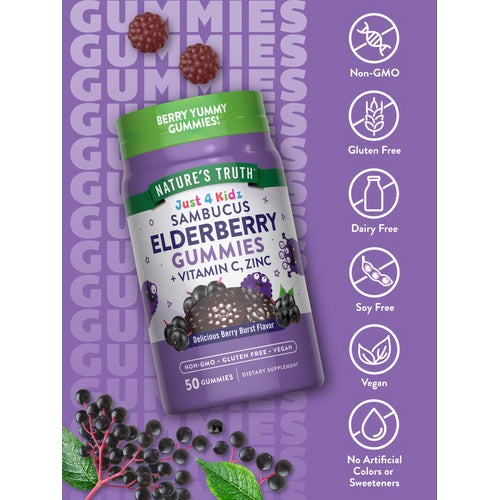 Kids Elderberry Complex Gummies: a pile of dark berry-shaped gummies and fresh elderberries with green leaves nearby.